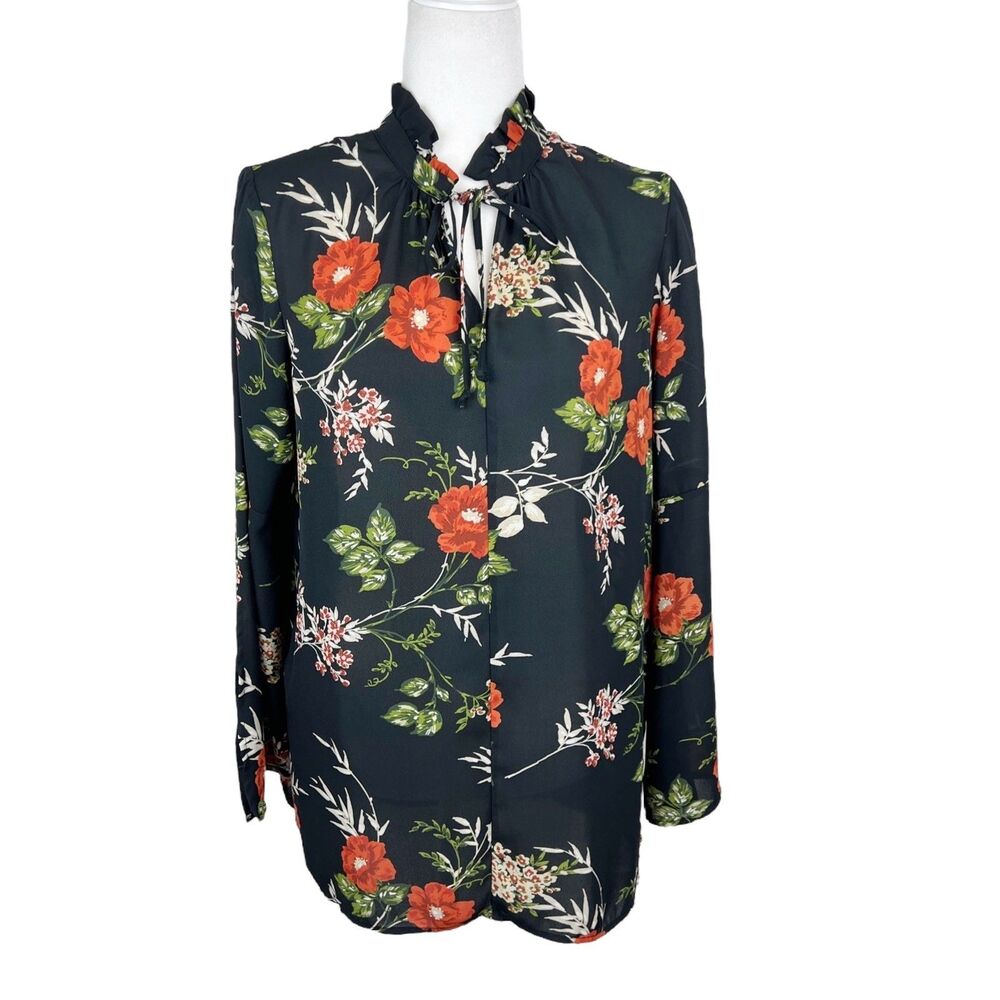 Fever Blouse Women Extra Small Black Orange Flora All Over Print Long Sleeve Top